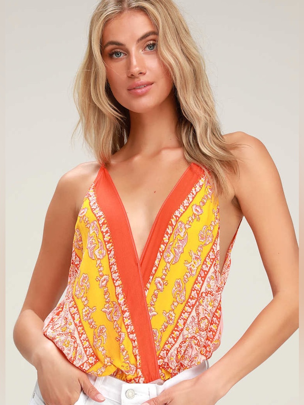 Free People Xsmall Border Babe Orange Multi Print Surplice Bodysuit Festival Top